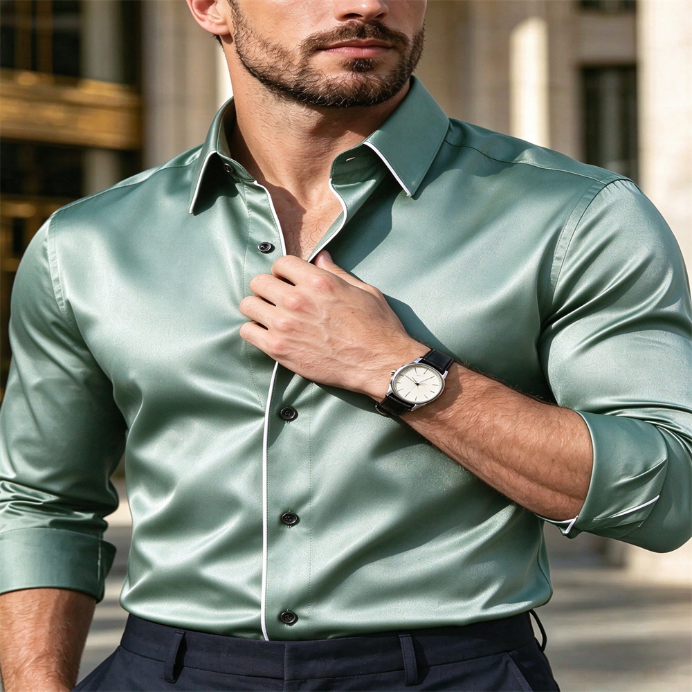 Chemise à manches longues en s - Mens Satin Silk Dress Shirt avis et prix